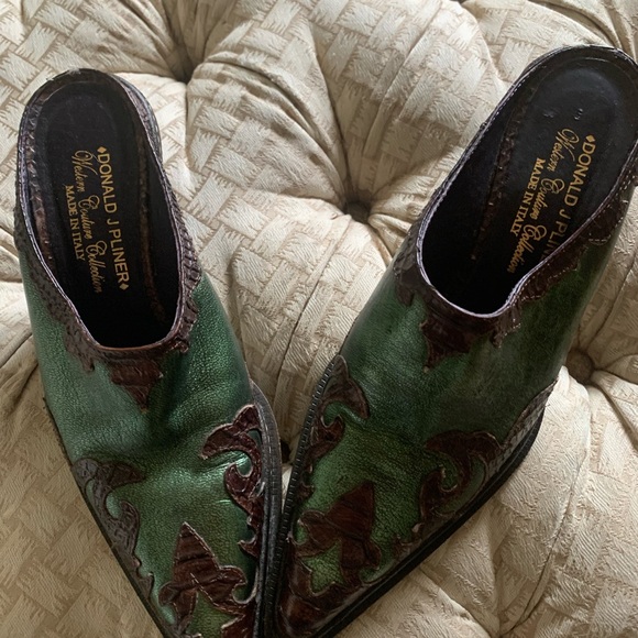 Donald J. Pliner Green and Brown Cowboy Boots with Decorative Design - Picture 2 of 6